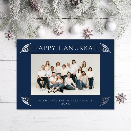 Verzierte Vintage Motif Hanukkah Foto Navy Folien Feiertagskarte