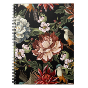 Verzierte Vintage Peonies, Rose, Vögel. Notizblock