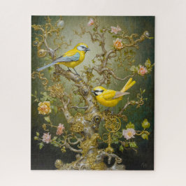 Verzierte Vogelszene im zarten Stil mit rosa Blume Puzzle
