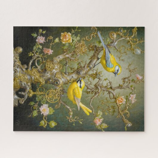 Verzierte Vogelszene im zarten Stil mit rosa Blume Puzzle (Horizontal)