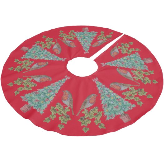 verzierte Weihnachtsbäume mit Efeu und Robinen Polyester Weihnachtsbaumdecke (Schrägansicht)