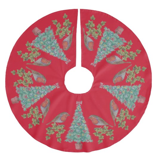 verzierte Weihnachtsbäume mit Efeu und Robinen Polyester Weihnachtsbaumdecke (Vorderseite)