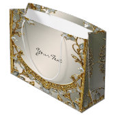Verzierte Weißblütentasche Große Geschenktüte (Rückseite Schrägansicht)