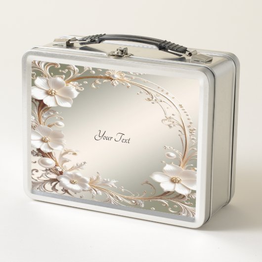Verzierte weiße Blumen Lunchbox (Vorderseite)