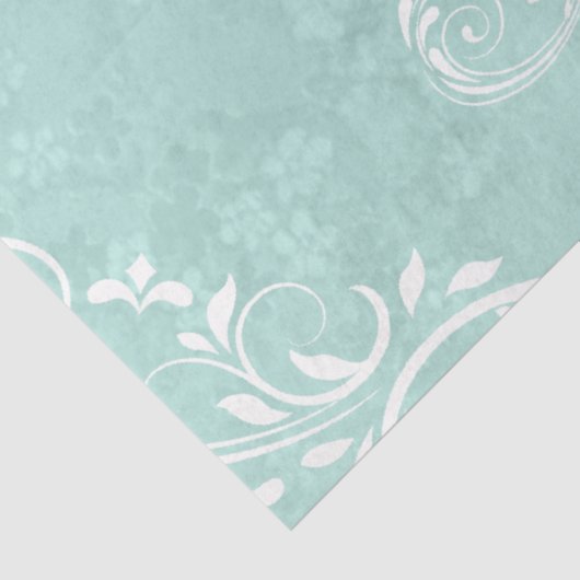 Verzierte weiße Wirbel auf Pastell Aquamarin Seidenpapier (Ausschnitt)