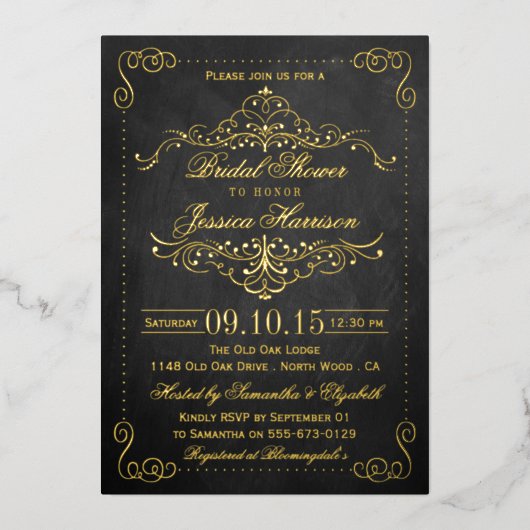 Verzierte Wirbel Chalkboard Brautparty Real Folieneinladung (Vorderseite)