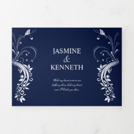 Verzierte Wirbel mit weißer Blüte auf Navy Blue We Dreifach Gefaltete Einladung