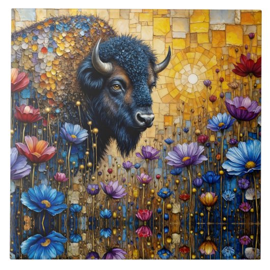 Verzierter Amerikanischer Bison in Blumen Fliese (Vorderseite)