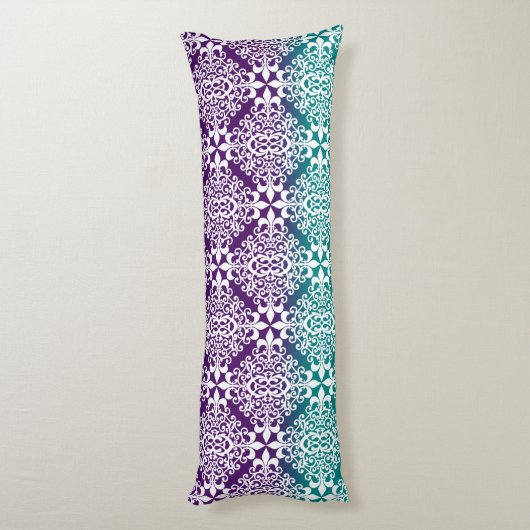 Verzierter Aquamariner Lila und weißer Damast Seitenschläferkissen (Rückseite (Vertikal))