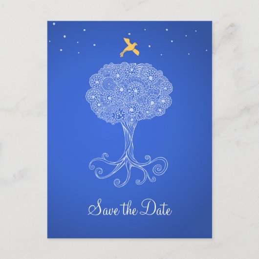 Verzierter Baum des Lebens Blau Save the Date Ankündigungspostkarte (Vorderseite)