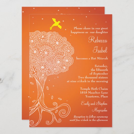 Verzierter Baum Orange Bat Mitzvah Einladung (Vorne/Hinten)