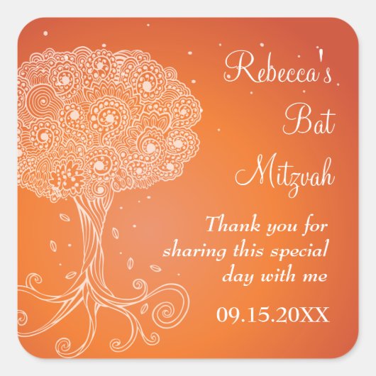 Verzierter Baum Orange Bat Mitzvah Quadratischer Aufkleber (Vorderseite)