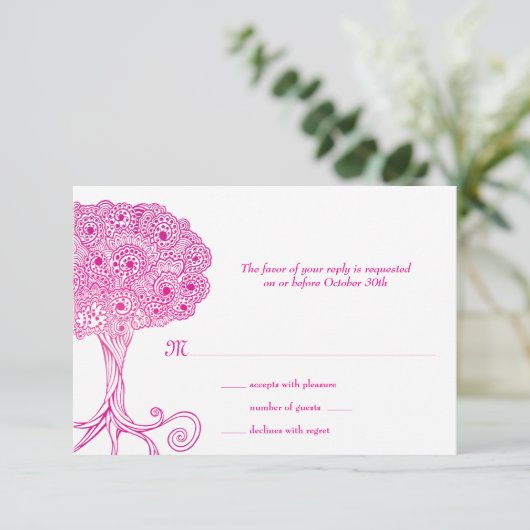 Verzierter Baum Pink Bat Mitzvah UAWG RSVP Karte (Stehend Vorderseite)