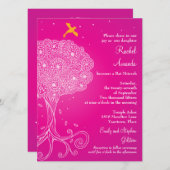 Verzierter Baum Rosa Bat Mitzvah Einladung (Vorne/Hinten)