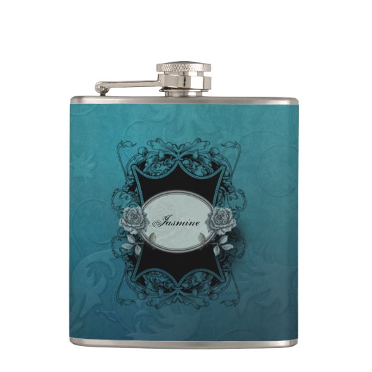 Verzierter blau eingeprägter Damast Flachmann (Vorderseite)