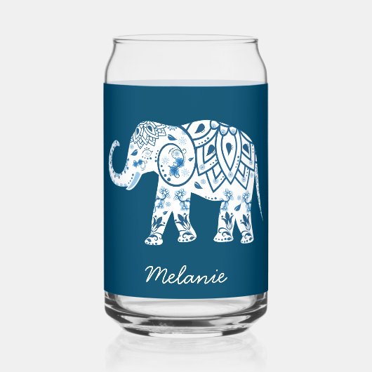 Verzierter blauer Elefant mit individuellem Muster Dosenglas (Vorderseite)