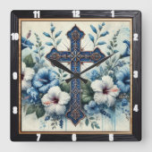 Verzierter Blaukreuz-Hibiskus Quadratische Wanduhr (Vorderseite)