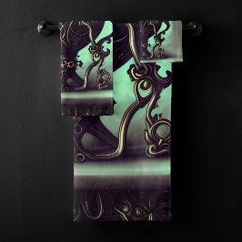 Verzierter Cauldron mit grünem Kristallball und Or Badhandtuch Set