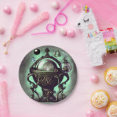 Verzierter Cauldron mit grünem Kristallball und Or Pappteller (Party)