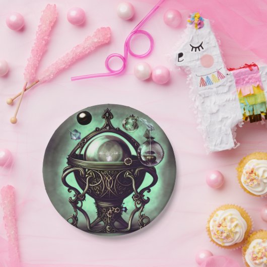 Verzierter Cauldron mit grünem Kristallball und Or Pappteller (Party)