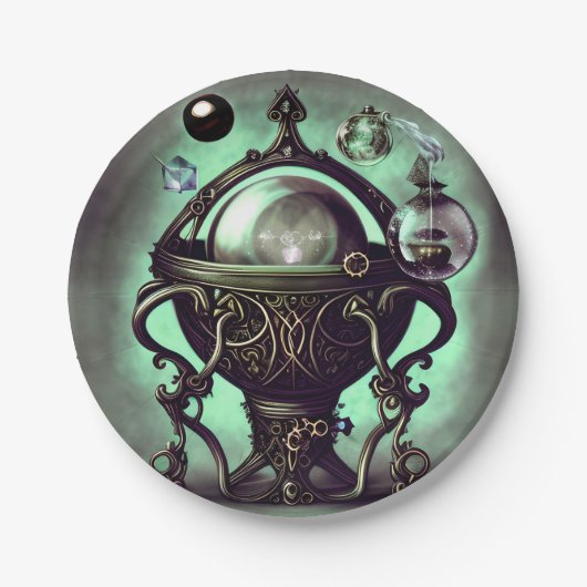 Verzierter Cauldron mit grünem Kristallball und Or Pappteller (Vorderseite)