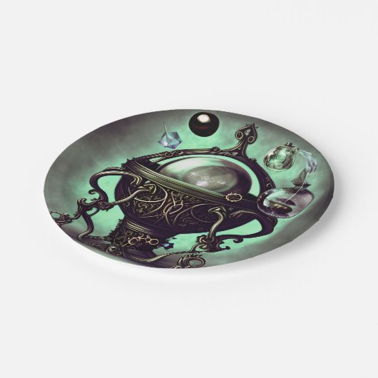 Verzierter Cauldron mit grünem Kristallball und Or Pappteller (Schrägansicht)