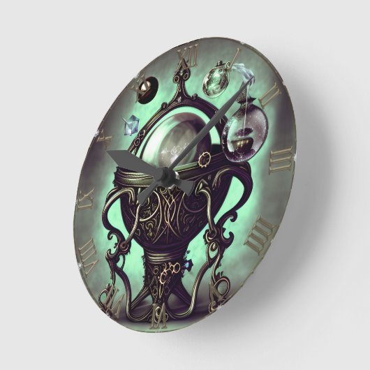 Verzierter Cauldron mit grünem Kristallball und Or Runde Wanduhr (Winkel)