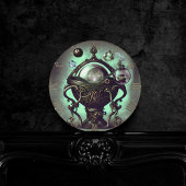 Verzierter Cauldron mit grünem Kristallball und Or Runde Wanduhr