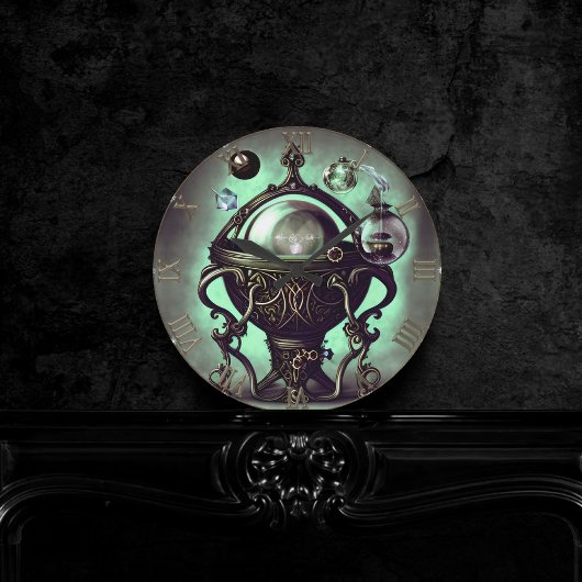 Verzierter Cauldron mit grünem Kristallball und Or Runde Wanduhr