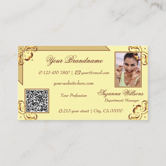 Verzierter Creme Beige Gold Monogram Foto QR Code Visitenkarte (Rückseite)