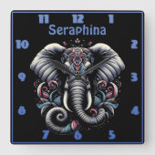 Verzierter Entwurf eines floralen Elefanten Quadratische Wanduhr (Vorderseite)