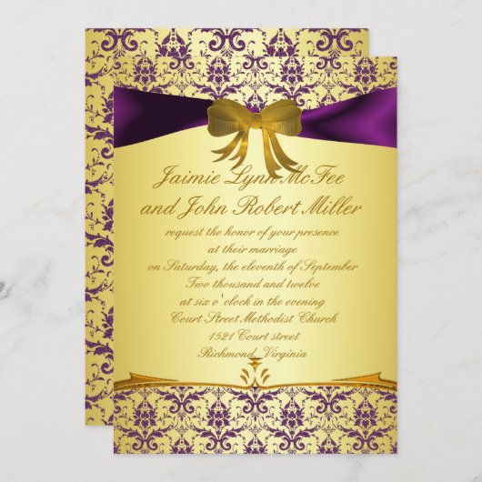 Verzierter formaler lila Golddamast, der Invitatio Einladung (Vorne/Hinten)