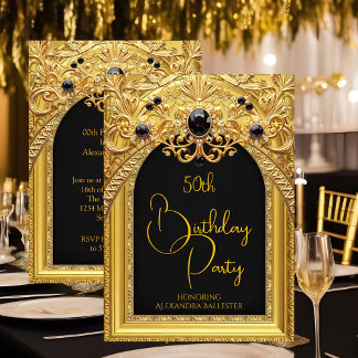 Verzierter Geburtstag Black Gold Spitze Diamanten  Einladung