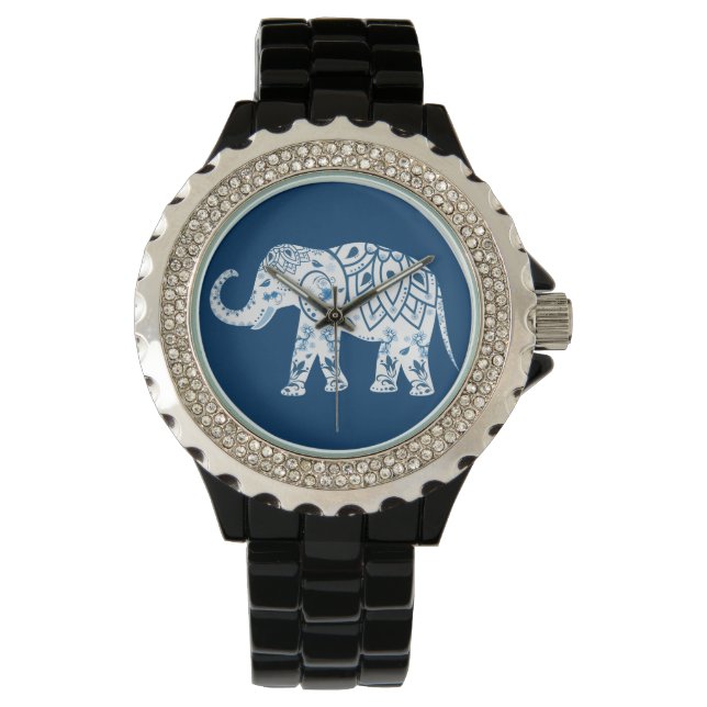 Verzierter Gemusterter Blauer Elefant Armbanduhr (Vorderseite)