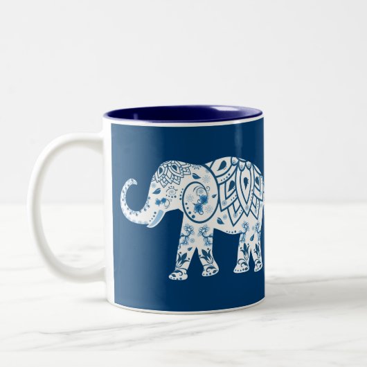 Verzierter gemusterter blauer Elefant Zweifarbige Tasse (Links)
