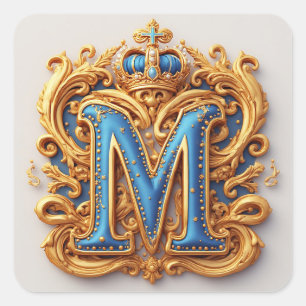 Verzierter goldener Buchstabe M mit Kronenrahmen-D Quadratischer Aufkleber