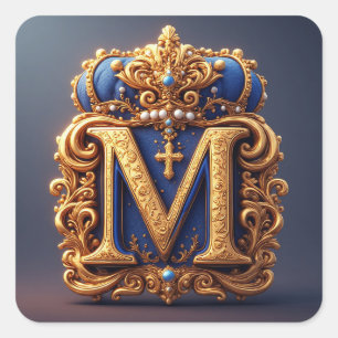 Verzierter goldener Buchstabe M mit Kronenrahmen-D Quadratischer Aufkleber