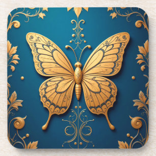 Verzierter goldener Schmetterling mit Blumenmuster Getränkeuntersetzer