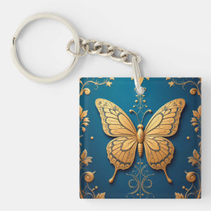 Verzierter Goldener Schmetterling mit Blumenmuster Schlüsselanhänger