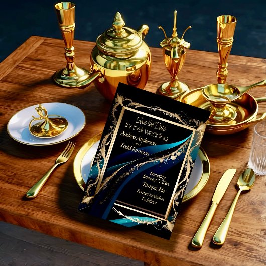 Verzierter Goldrahmen aquamarin-blaue Hochzeit Save The Date