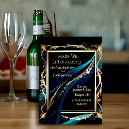 Verzierter Goldrahmen aquamarin-blaue Hochzeit Save The Date