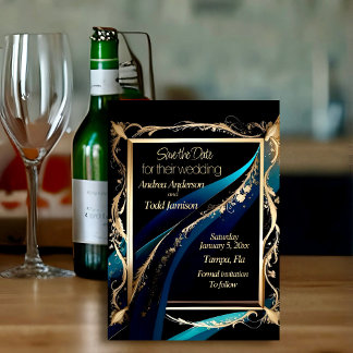 Verzierter Goldrahmen aquamarin-blaue Hochzeit Save The Date