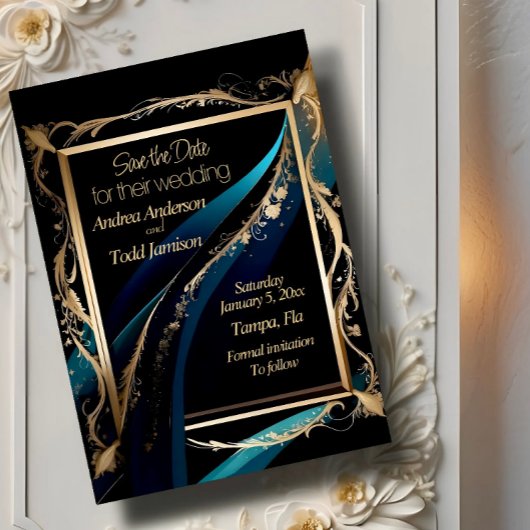 Verzierter Goldrahmen aquamarin-blaue Hochzeit Save The Date