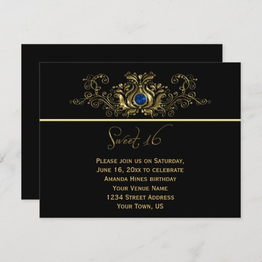 Verzierter Goldschwarz-Wirbels-blauer Juwel-Bonbon Einladung (Vorne/Hinten)