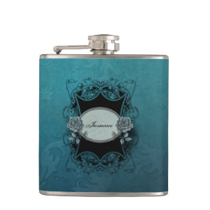 Verzierter gravierter blauer Damast Flachmann