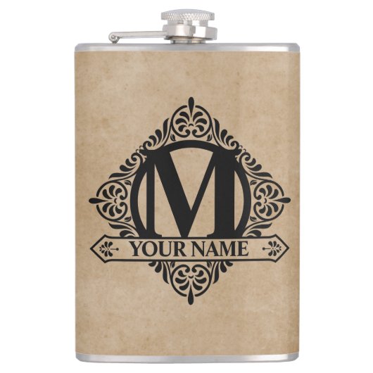Verzierter monogramm-Designkolben Flachmann (Vorderseite)