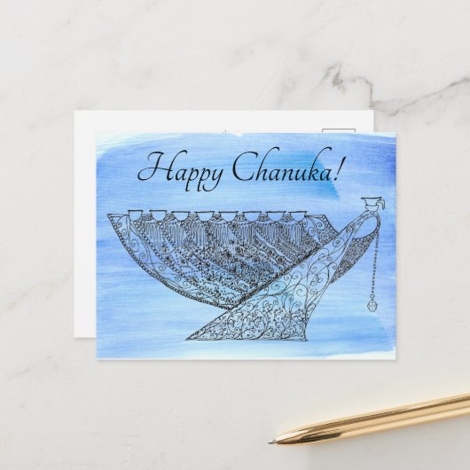 Verzierter Pen und Tinte Chanukah Menorah auf Blue Postkarte (Vorderseite/Rückseite Beispiel)