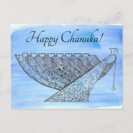 Verzierter Pen und Tinte Chanukah Menorah auf Blue Postkarte