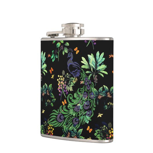 Verzierter Pfau und Vintage Blumen Flachmann (Links)