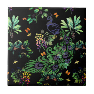 Verzierter Pfau und Vintage Blumen Fliese